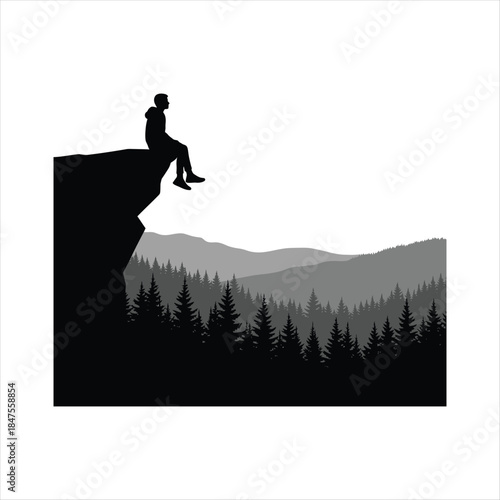 Solitary hiker overlooks a scenic vista from a dramatic cliff edge