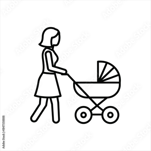 Simple Illustration Of A Woman Gently Pushing A Baby Stroller