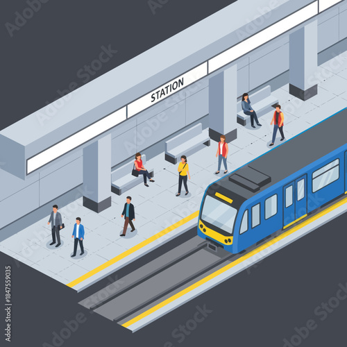 Blue Train at Subway Station Platform.
