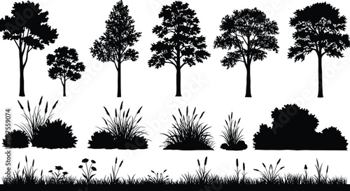 Tree silhouette, bush silhouette, grass silhouette, black vegetation shapes, nature elements, forest plants, landscape design, ecology, vector foliage, botanical clipart