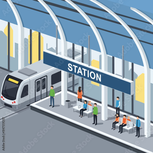 Modern Subway Train at Busy Station.