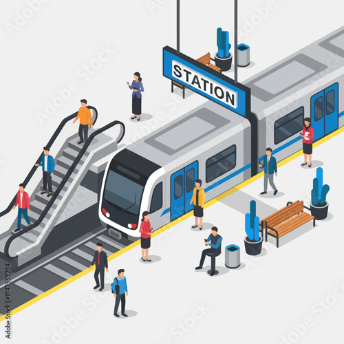 Subway Train Station with Commuters and Sign.