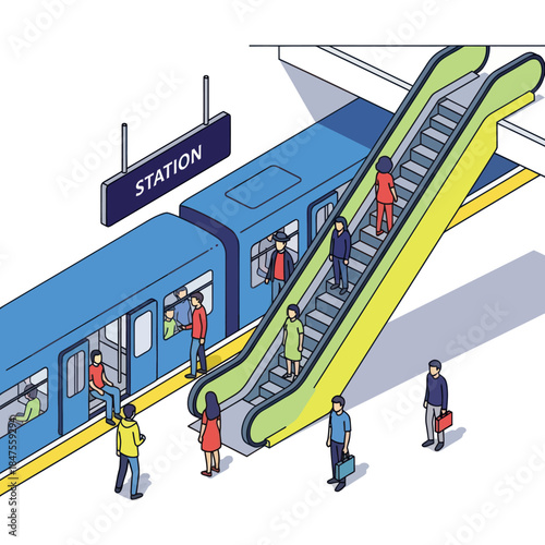 People Riding Escalator at Train Station.