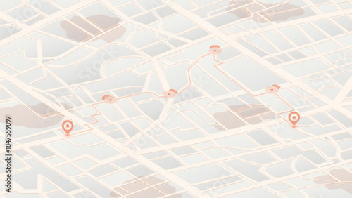 Red checkpoints on an isometric city map with navigation route and location pins for a delivery network. Vector illustration.