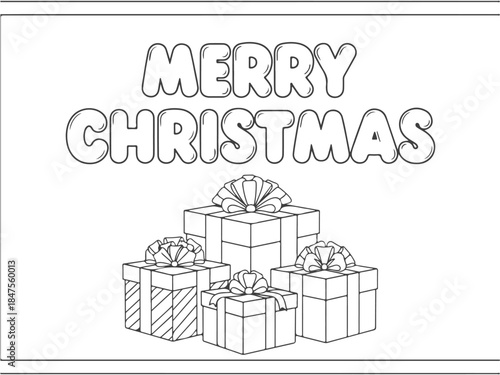 A black and white line drawing of a Christmas card with the words "MERRY CHRISTMAS" above a pile of gift boxes.