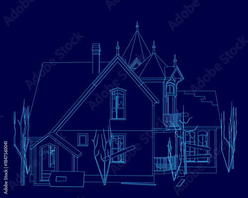 Abandoned house blueprint on a dark blue background, featuring a simple contour design surrounded by stylized trees.