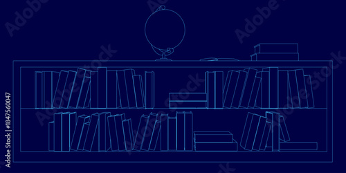 A blue bookcase contour holds neatly arranged books with a globe centered on top. The deep blue background creates a calming and inviting atmosphere.