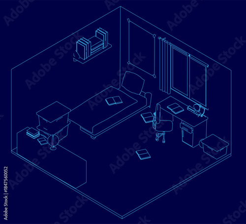 A child's room blueprint in simple contour line art features a central desk with a chair to its left and bookshelves to the right. Curtains frame the window while other small objects are scattered.
