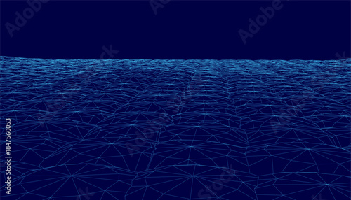 Abstract wireframe pattern with symmetrical lines and dots on a blue background creates a sense of depth and dimension.