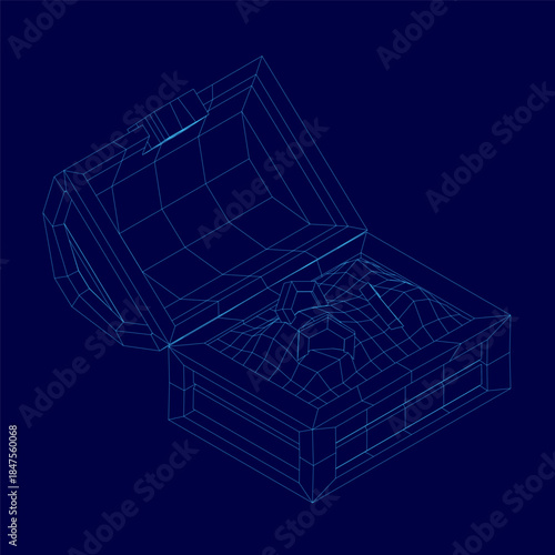A 3D wireframe model of an open treasure chest reveals its golden contents against a stark blue background.