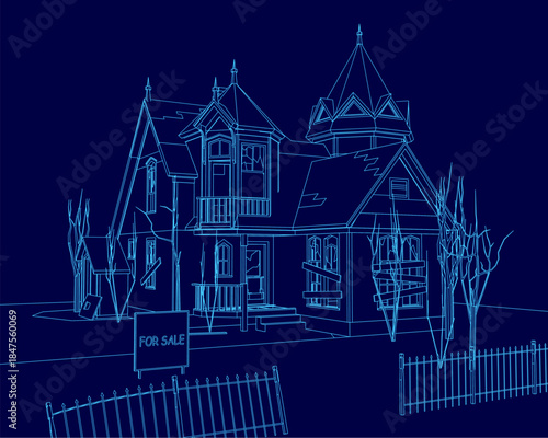 An abandoned blue house with a dark, mysterious atmosphere, featuring a fence, a for sale sign, and surrounding trees.