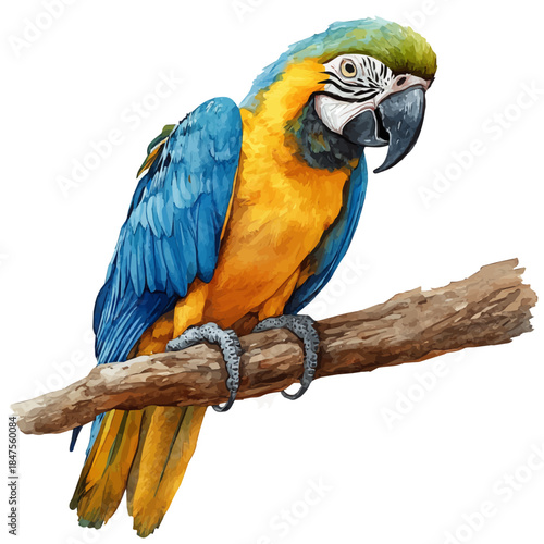 Blue-and-yellow Macaw, elegant watercolor vector illustration, isolated on a white background.