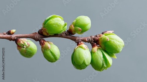A branch with green buds on it. The branch is thin and has a grayish hue