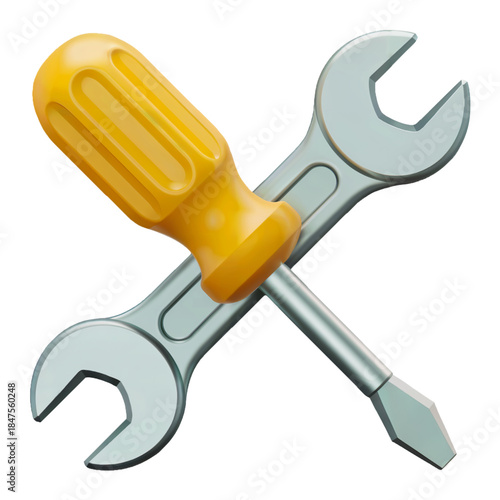 3D render of crossed screwdriver and wrench icon for maintenance and repair tools concept