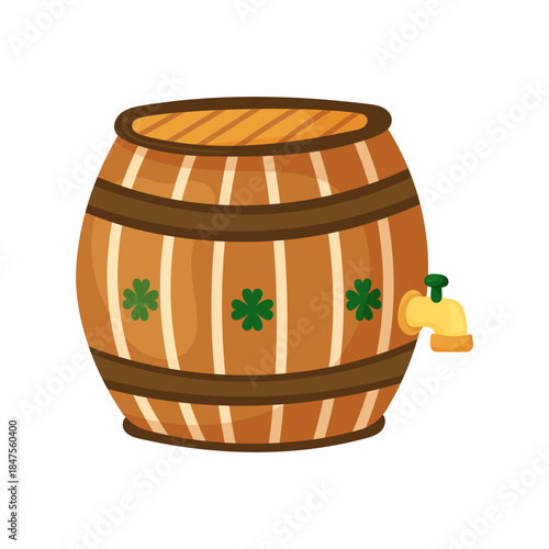 Large wooden beer keg with tap. Green clover pattern. Hand drawn vector illustration. Object on white background. Design element for Saint Patricks Day.