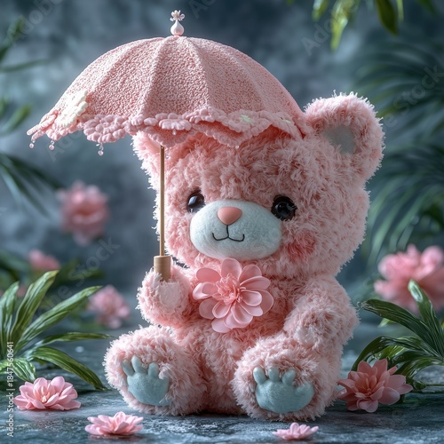 Fluffy Pink Teddy Bear Holding Lace Decorated Umbrella