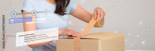 Quadro em tela Asian adult woman preparing ecommerce package taping delivery box for secure shi