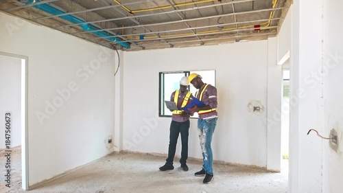 Two construction workers inspect ceiling wiring inside a house under renovation. They wear safety vests and helmets, discussing progress with clipboard and laptop in a real estate development project.