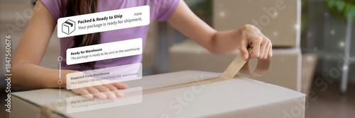 Εκτύπωση καμβά Adult Asian person preparing package for shipment digital order tracking updates