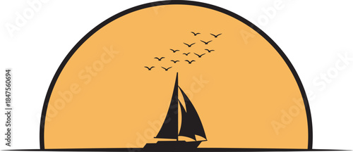 A sailboat on the horizon at sunset with a serene and peaceful atmosphere