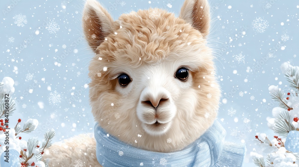 Obraz premium Adorable winter alpaca portrait with soft fur, blue scarf and snowy background, perfect for holiday greetings, seasonal ads and festive designs