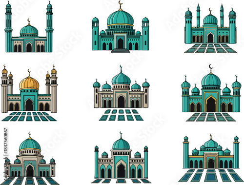 Collection of Diverse Islamic Mosques with Intricate Architectural Details