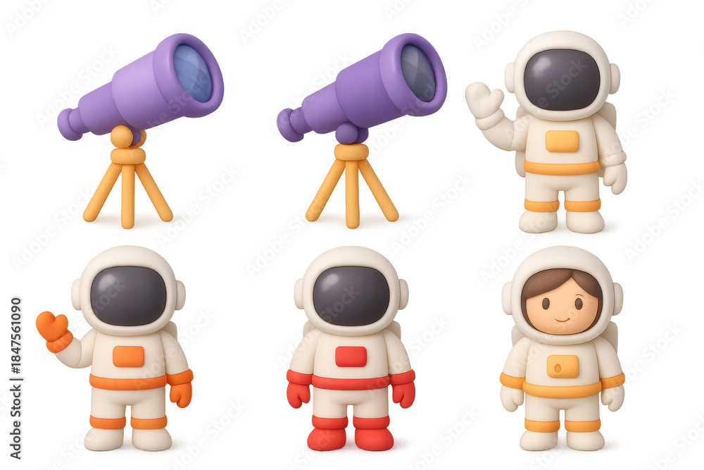 Fototapeta premium Cartoon space icons featuring cute astronauts and telescopes for digital design projects