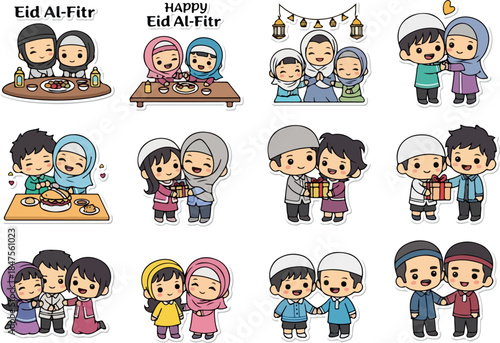 Wallpaper Mural Cute Cartoon Couples Celebrating Eid Al-Fitr - Stickers Torontodigital.ca
