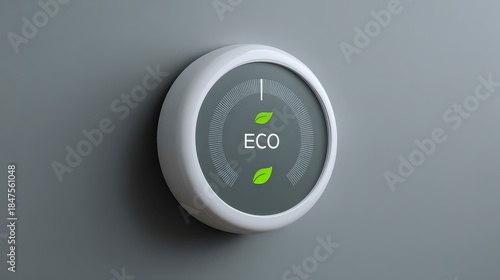 A close-up view of a smart circular thermostat mounted on a neutral gray wall, emphasizing energy efficiency