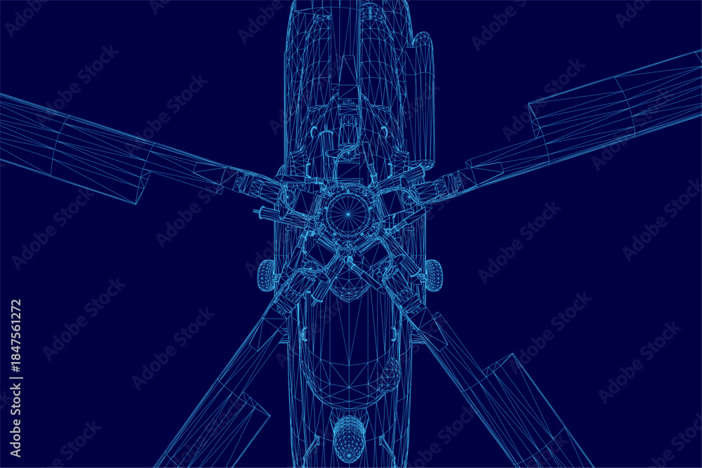 Fototapeta premium Detailed 3D wireframe model of a helicopter from a top view, isolated on a solid blue background, showcasing its complex mechanical structure and rotor design.