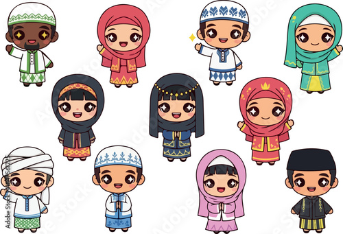 Diverse Cartoon Muslim People in Traditional Dress Illustration