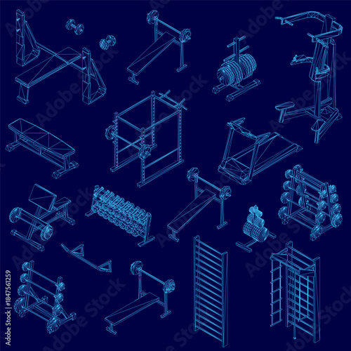 A detailed blueprint of various gym equipment on a blue background, providing a technical view of the set for low-impact exercise planning. Isometric view
