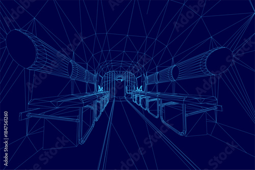 A detailed 3D wireframe model of a helicopter interior floats on a solid blue background, revealing its complex internal structure, mechanical blueprint, and intricate engineering design in a clean.