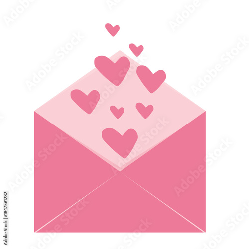 Envelope open Love letter with hearts, cute pink romantic mail with stamp, airmail, postcard. Wedding and Valentine Day Decoration design elements.