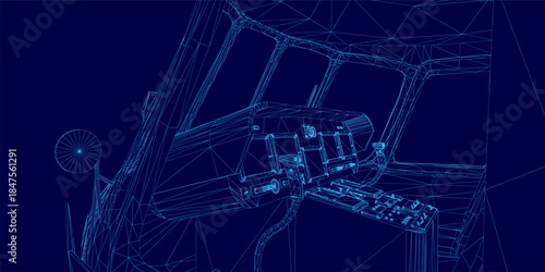 A detailed 3D wireframe model of a helicopter interior floats on a solid blue background, revealing its complex internal structure, mechanical blueprint, and intricate engineering design.