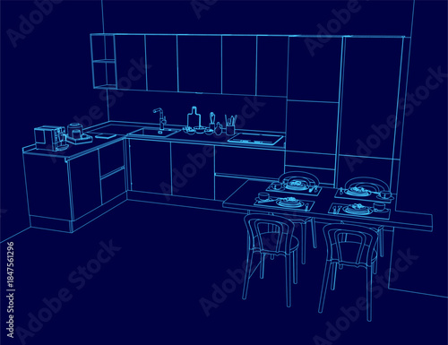 Blueprint kitchen interior contour design with a central table and chairs, a sink with tap, and detailed cupboards in the background.