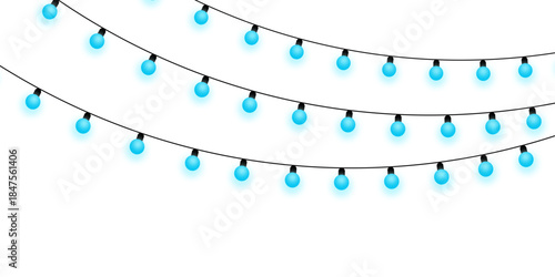 Bright blue string lights create a festive and decorative atmosphere on a clean white background