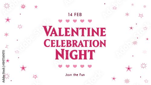 A fresh white card with scattered vivid pink stars and valentine's day text on a white background for celebration