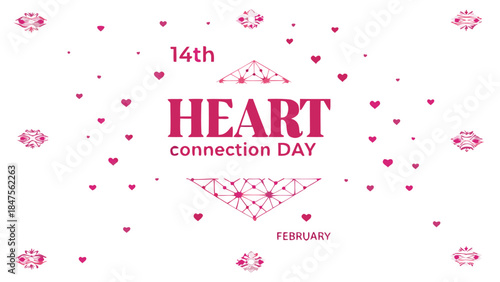 A modern valentine's day layout featuring scattered hearts and geometric designs on white background for love