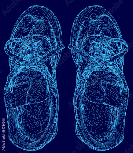 Blue sneakers with white laces rest on a dark blue background, highlighting their clean contour and sporty design. Top view