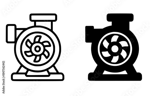 Icon, blower fan illustration, black and white, outline and silhouette