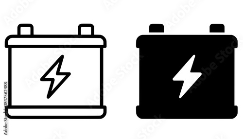 Icon, car battery illustration, black and white, outline and silhouette