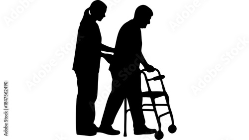 Caregiver assisting senior man with walker with transparent background