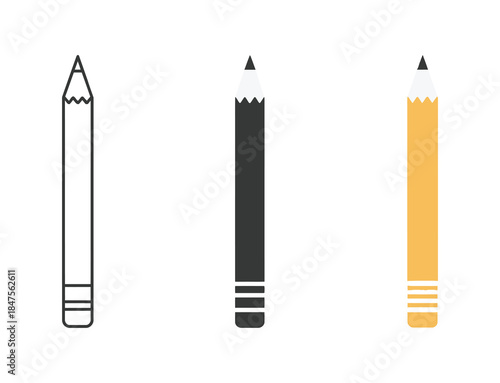 Pencil icon set vector illustration featuring minimalist outline, solid black, and yellow color designs for school, office stationery, and creative writing concepts.