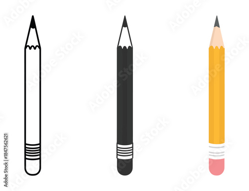 Pencil icon set vector illustration featuring minimalist outline, solid black, and yellow color designs for school, office stationery, and creative writing concepts.