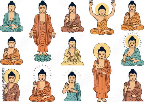 Collection of Buddha Illustrations Meditating Figures with Halos