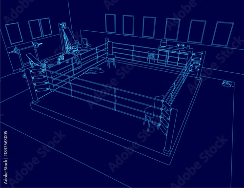 A 3D blueprint model of a boxing ring on a blue background, featuring gym equipment like ropes and weights in contour line style for training concepts.