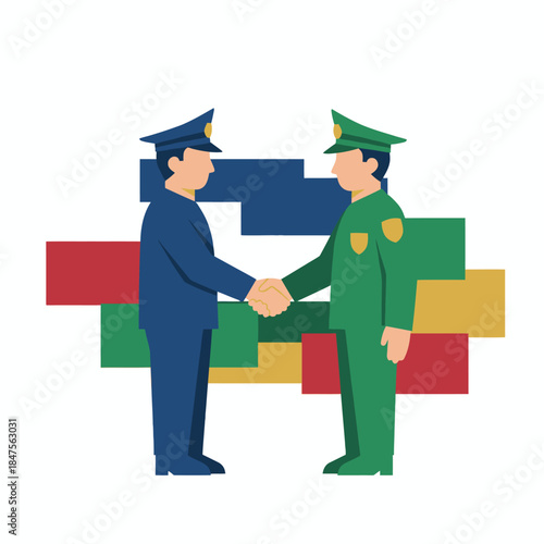 A flat vector illustration of two uniformed officers shaking hands, symbolizing cooperation, partnership, trust, and professional teamwork.