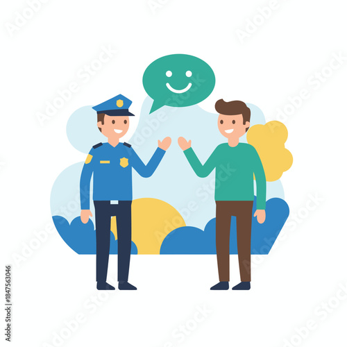 A friendly flat vector illustration of a police officer greeting a civilian, symbolizing trust, safety, communication, and positive community relations.