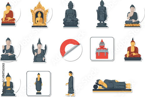 Collection of Buddha Icons Representing Various Poses and Styles in Buddhism